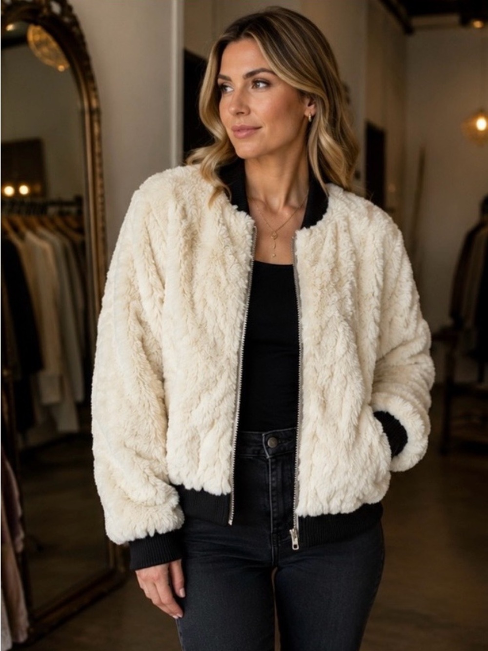 Plush Ivory Teddy Faux Fur Bomber Jacket Black Contrast Trim Size L Fall Fashion
